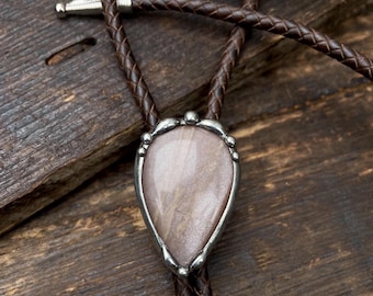 Peach Moonstone Bolo Tie / Moonstone Necklace/ Leather Bolo Necklace / Adjustable Necklace  / Western Jewelry / Western Style