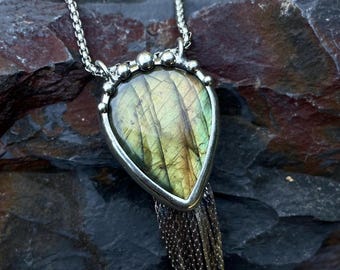 Iridescent Labradorite & Chain fringe Pendant Necklace Tassel Pendant