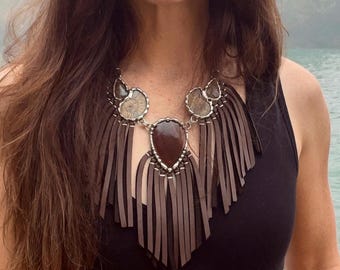 Ancient Seas Tigers Eye,  Ammonite Fossil and Dragons Blood Jasper Deerskin Leather Fringe Necklace, Statement Jewelry