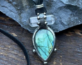 Handmade Labradorite & Quartz Crystal Pendant Necklace with Leather Strap