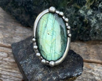 Handmade Labradorite Ring with Adjustable Band Statement Jewelry Statement Rings