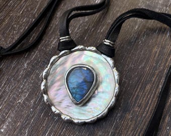 Floating Labradorite Gemstone Abalone Statement Necklace / Abalone Shell / Shell Necklace / Shell Jewelry