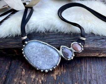 Sparkling Druzy Pendant Necklace on Soft Leather Cord