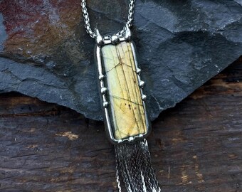 Iridescent Labradorite & Chain fringe Pendant Necklace Tassel Pendant