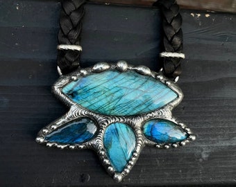 Blooming Lotus Labradorite Statement Necklace, Braided Leather Cord