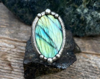Handmade Labradorite Ring with Adjustable Band Statement Jewelry Statement Rings