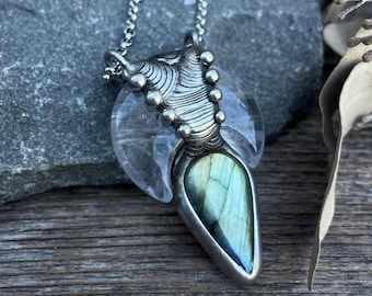 Quartz Crystal Crescent Moon & Labradorite Pendant Necklace