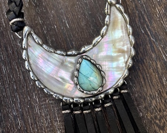 Floating Labradorite Gemstone Abalone Moon Statement Necklace With Leather Fringe