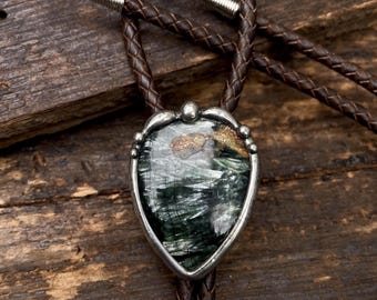 Seraphinite Gemstone Bolo Tie / Seraphinite Necklace/ Leather Bolo Necklace / Adjustable Necklace  / Western Jewelry / Western Style