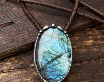 Large Labradorite Gemstone Statement Bolo Tie/ Labradorite Necklace/ Leather Bolo  / Western Jewelry / Western Style