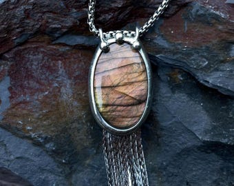 Iridescent Labradorite & Chain fringe Pendant Necklace Tassel Pendant