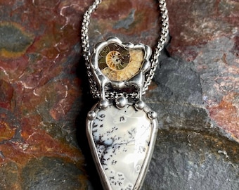 Ammonite Fossil & Dendritic Opal Pendant Necklace Pendant