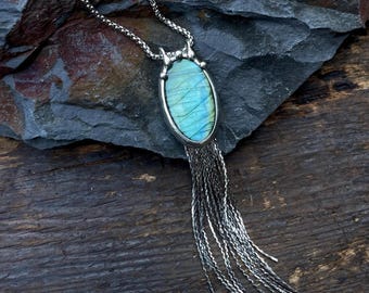 Iridescent Labradorite & Chain fringe Pendant Necklace Tassel Pendant