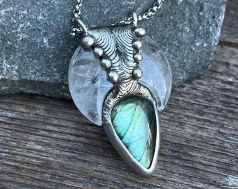 Quartz Crystal Crescent Moon & Labradorite Pendant Necklace