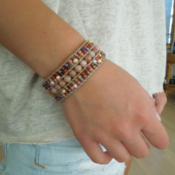 Light Brown Cotton Cord Cuff, 5 Row Earth Toned Beads, Pink Lepidolite Cuff  Bracelet, Earth Toned Seed Beads