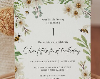 Bee Birthday Invitation, Bee First Birthday Invitation, 1st Bee Day Invitation, Honey Bee Birthday Invite, Flower First Birthday Invitation