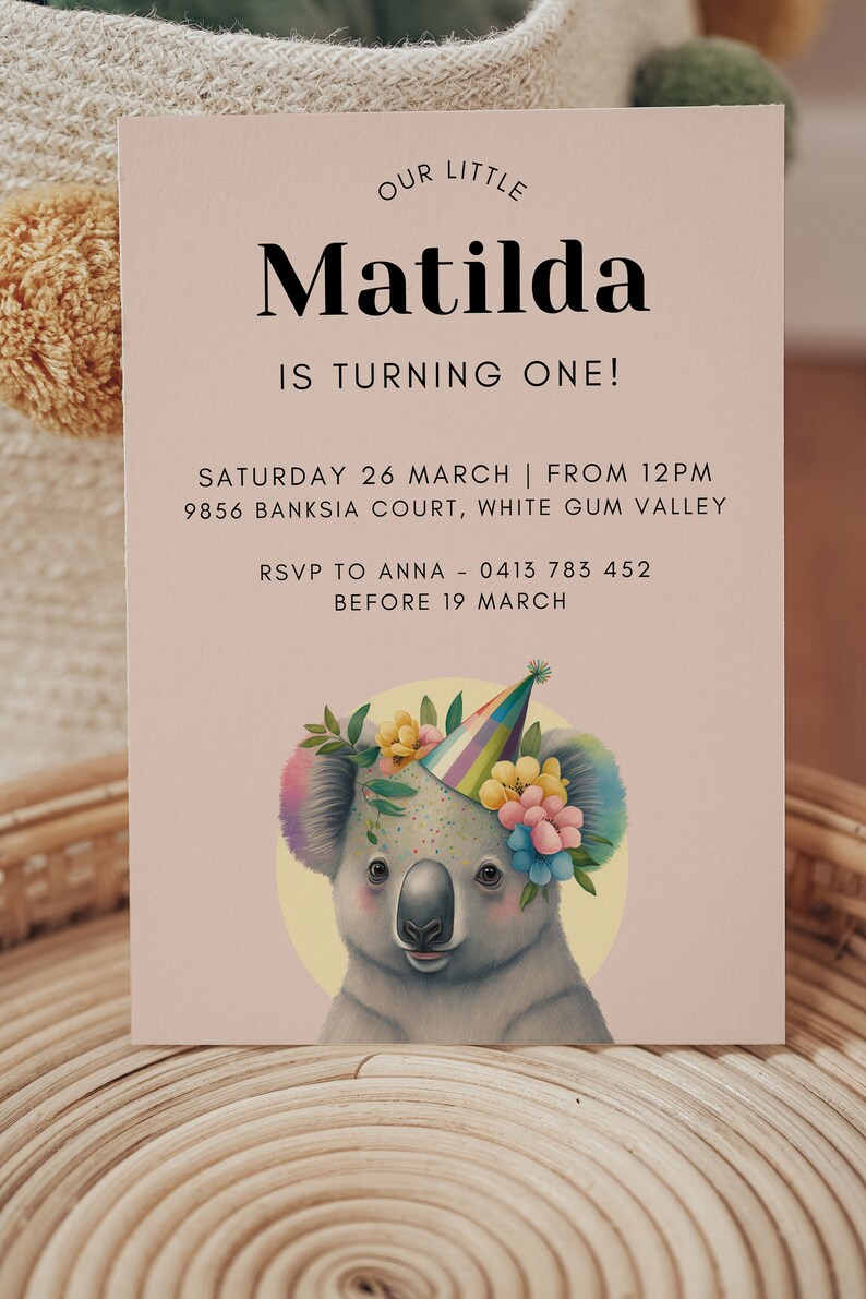 Koala Themed Birthday Invitation, Australian Theme Birthday Invitation
