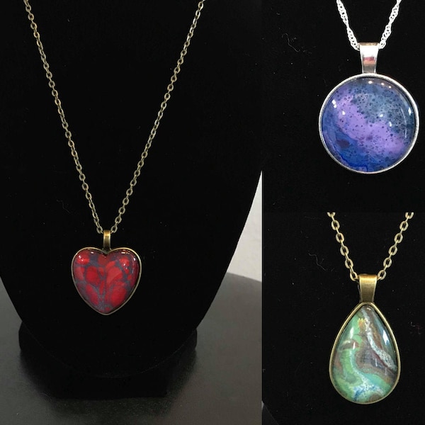 Fluid Art Pendant Necklaces (Circle, Heart, Teardrop, Oval)