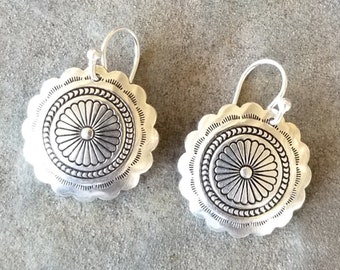 Small Sterling Concho Earrings, Round Scalloped Concho, Stamped Sterling Concho, Western Jewelry, SW Style Earrings, Silver Petite Earrings