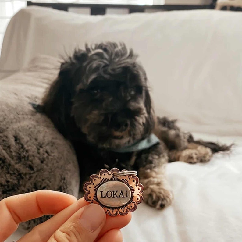 Med-Large Western Dog Tag, Concho Dog Tag, Southwest ID Tag, Pet Tags, Tag for Dogs, Personalized Copper & Silver Tag, Rodeo Style Dog Tag image 2