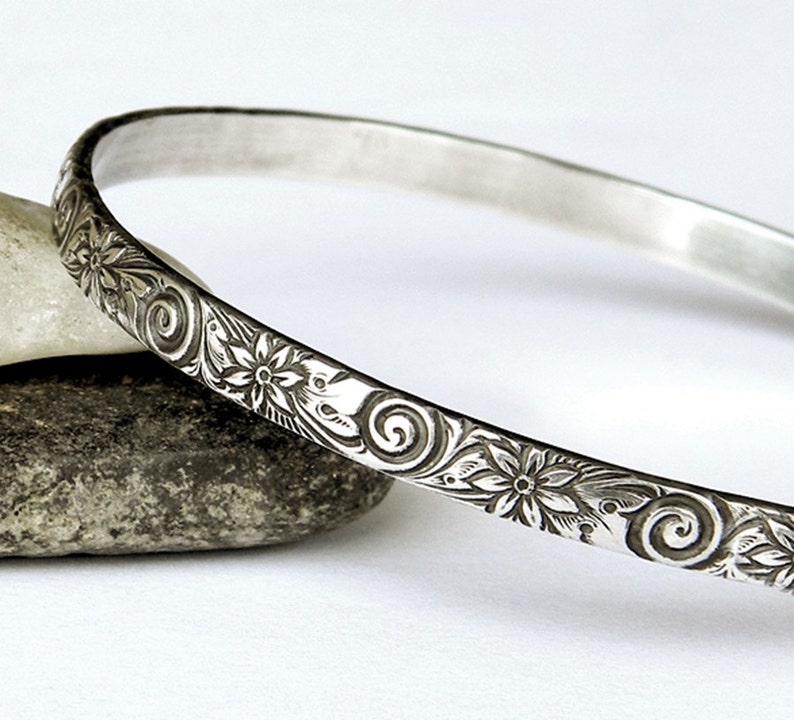 Sterling Floral Bangle Solid Silver Bangle Bracelet Vintage Etsy