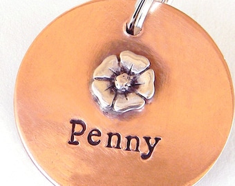 Poppy Dog ID Tag, Female Dog Tag, Silver Poppy Copper Disc, Sterling Pet Tag, Copper Dog Tag, Personalized Tags for Dogs, Feminine Dog Tags