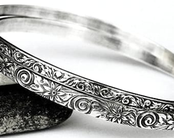 Solid Silver Bangle Set, 4 Sizes, Sterling Floral Bangles, Solid Sterling Bangle Set, Silver Bangles, Stacking Bangles, Stacking Bracelets