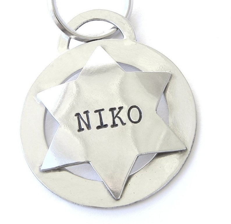 May include: A silver pet tag with the name "NIKO" stamped on a six-pointed star. The star is set within a circular frame, and a metal ring is attached for easy attachment to a collar. The tag is made of shiny, polished metal.