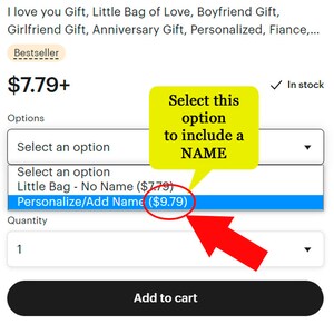 May include: Screenshot of an e-commerce listing for a gift item. The listing includes the text "I love you Gift" and options to personalize the item. A red arrow points to the "Personalize/Add Name" option. The listing also shows the price and an "Add to cart" button.