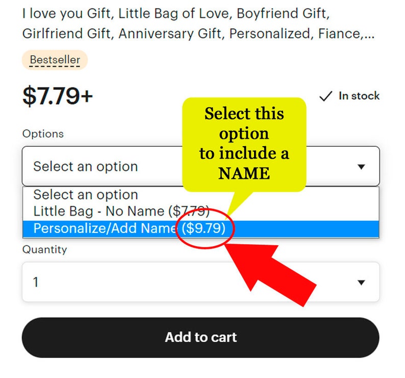 May include: Screenshot of an e-commerce listing for a gift item. The listing includes the text "I love you Gift" and options to personalize the item. A red arrow points to the "Personalize/Add Name" option. The listing also shows the price and an "Add to cart" button.