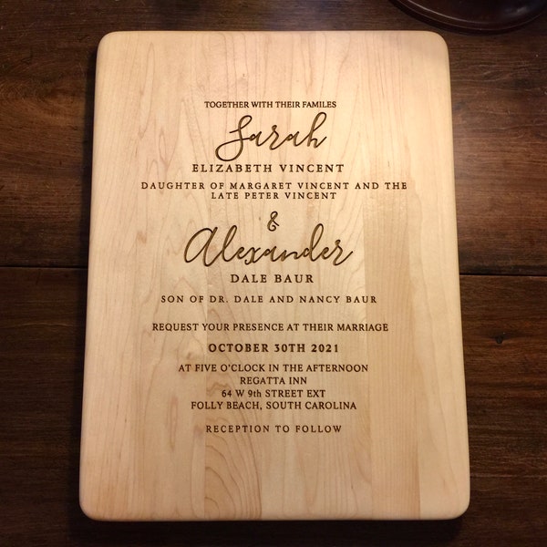 WEDDING INVITATION Cutting Board Engraved with YOUR Wedding Invitation