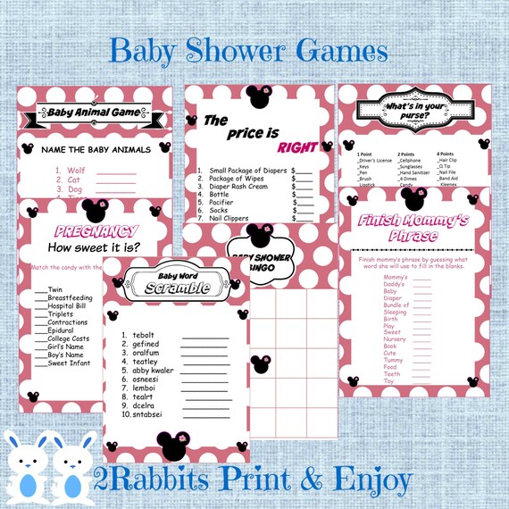 minnie mouse baby shower games package seven printable