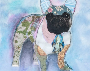 Frenchie   French Bulldog collage mixed media  Giclee print