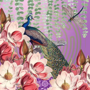 Peacock & Dragonfly por Sue Churchill Cartão de arte, cartão em branco, cartão de felicitações, cartão de agradecimento, bloco de notas