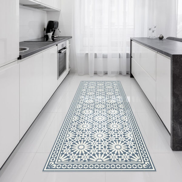 Vinyl runner rug or hallway runner with Moroccan tiles design in blue and beige. Linoleum style rug with zellige tiles. Vinyl tiles Art Mat.