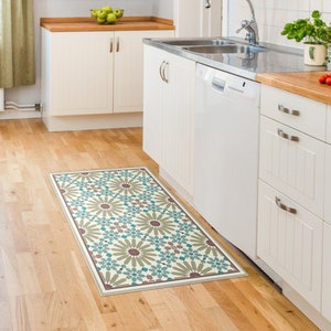 Kitchen floor mat with Moroccan tiles design in olive green, tuquoise and beige. Kithcen rug, door mat or pet mat.