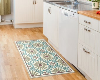 Kitchen floor mat with Moroccan tiles design in olive green, tuquoise and beige. Kithcen rug, door mat or pet mat.