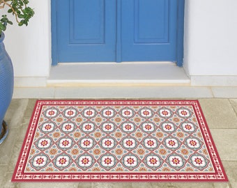 Linoleum doormat with Spanish tiles in red and blue. Vinyl area rug \ door mat \ runner rug \ Linoleum floor mat with spanish tile design.