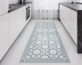 Vinyl runner rug or hallway runner with Moroccan tiles design in blue and beige. Linoleum style rug with zellige tiles. Vinyl tiles Art Mat.