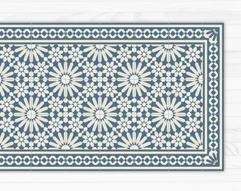 Vinyl floor mat with Moroccan tiles design in blue and beige. Linoleum style rug with zellige tiles. vinyl kitchen rug, bath mat, pet mat.