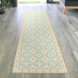 Green and beige vinyl runner rug with Spanish tiles design. Vintage runner rug, printed on a vinyl floor mat. Green rug runner.