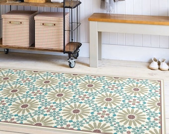 Vinyl runner rug with Moroccan inspired pattern. Vinyl hallway rug runner with tiles in turquoise and olive green, printed to order.