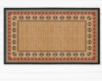 Geometric Bamboo Area Rug: Terracotta Red & Blue, UV Print