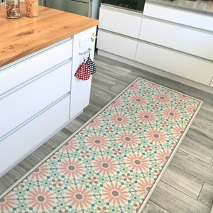 Runner rug, vinyl floor mat, pink runner, green and pink kitchen vinyl runner. Moroccan rug, rug runner, hallway runner, kitchen rug.