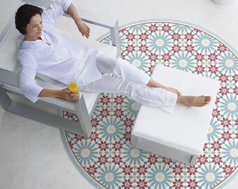 Red and Blue Moroccan Tile Vinyl Floor Mat: Zellige Style Rug