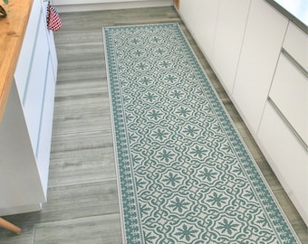 Green vinyl rug runner. Kitchen floor mat with vintage tiles and decorative frame. Spanish tiles design in green. Green vinyl floor mat.