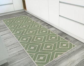 Vinyl kitchen runner rug. Green kitchen floor runner with geometric design. Kitchen decor rug runner. Green and beige vinyl floor mat.