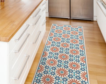 Orange and blue kitchen runner rug, printed on vinyl floor mat. Rug runner with Moroccan tiles, kitchen runner, Orange rug, hallway runner.