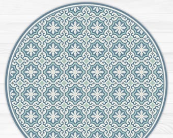 Blue Turquoise Zellige Tile Vinyl Floor Mat: Round Moroccan Rug