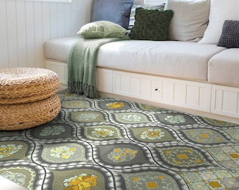Green Botanical Art Nouveau Vinyl Floor Mat: Boho Kitchen Rug